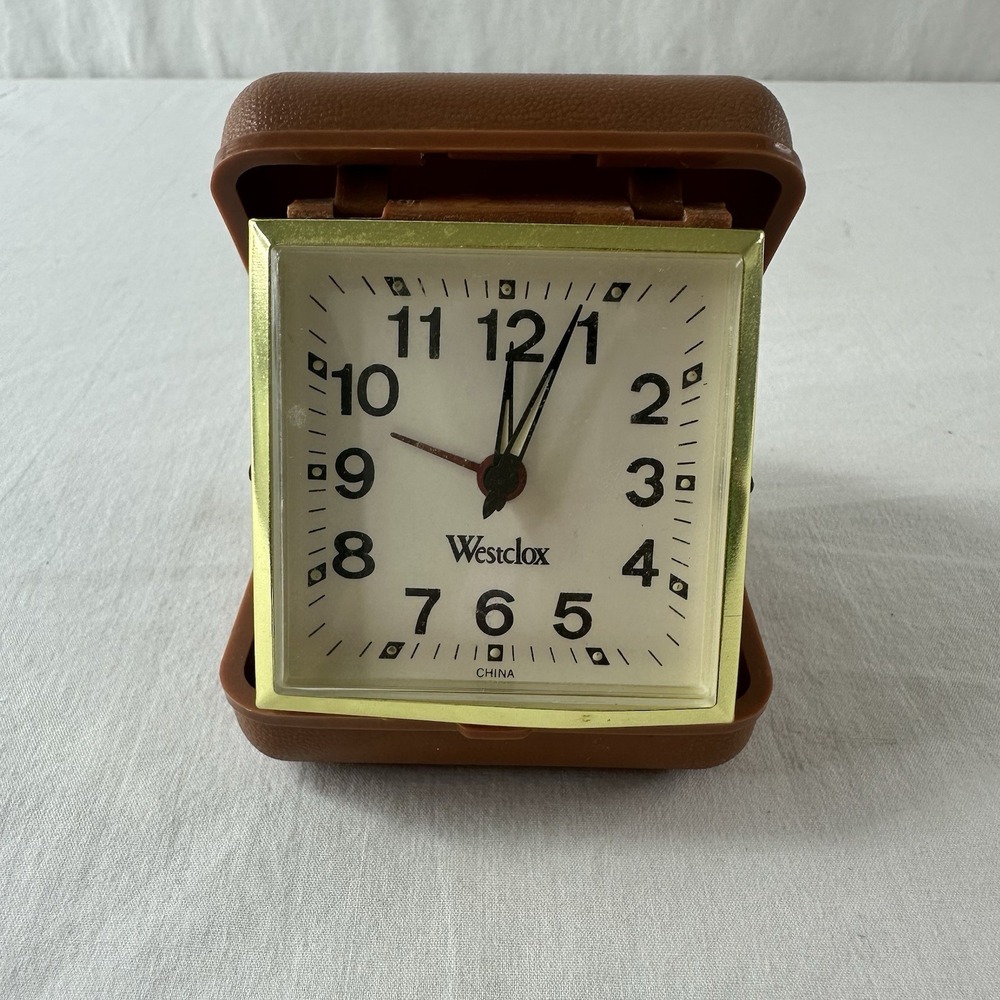 WESTCLOX TRAVEL‎ ALARM CLOCK BROWN CLAM SHELL Vintage Tri-fold Folding Working